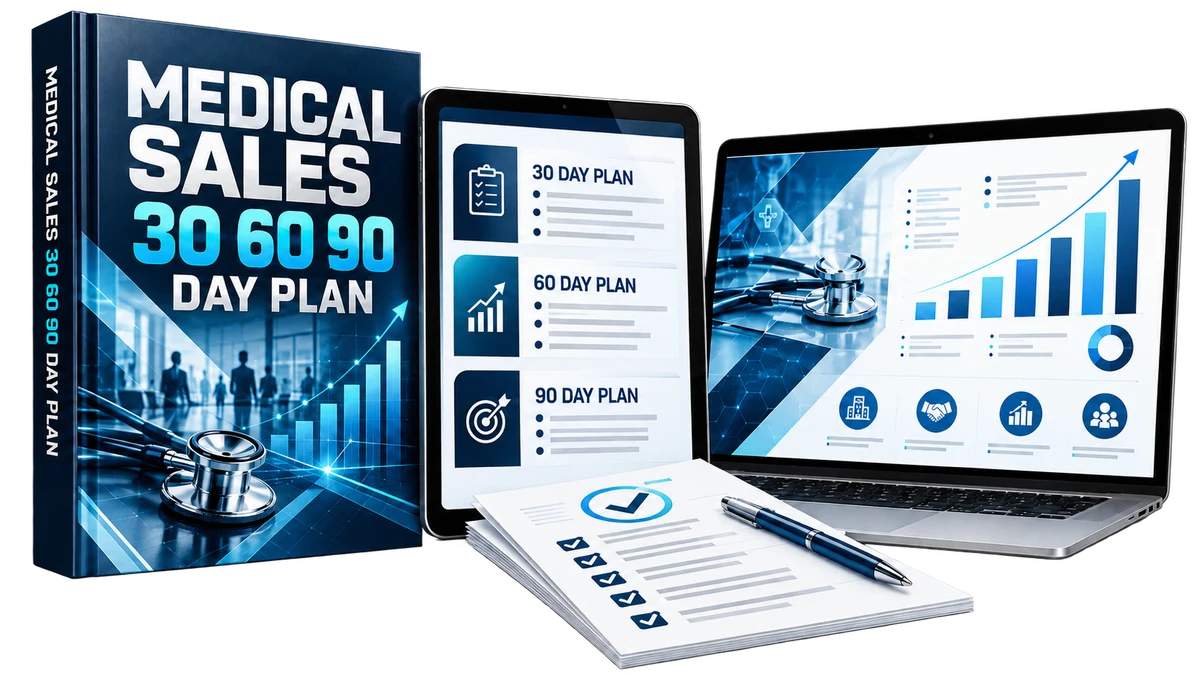 Medical Sales 30 60 90 Day Plan Blueprint bundle with ebook, tablet, presentation slides and checklists